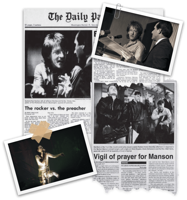 A newspaper clipping and photo of Jefferson Starship's Paul Kantner and a local minister debating; a photo of Marilyn Manson sits next to a newspaper clipping of a group of students praying.