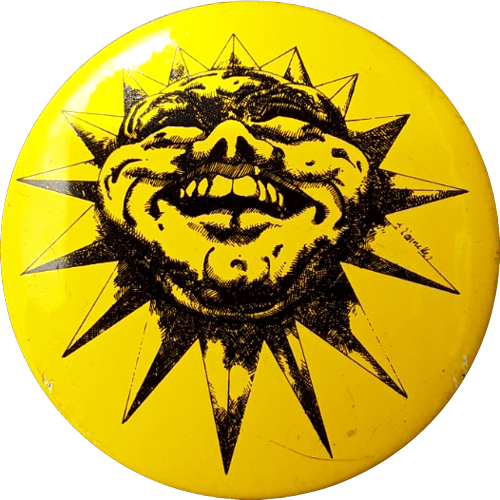The official ISU Rites of Spring button with a smiling sun on it.