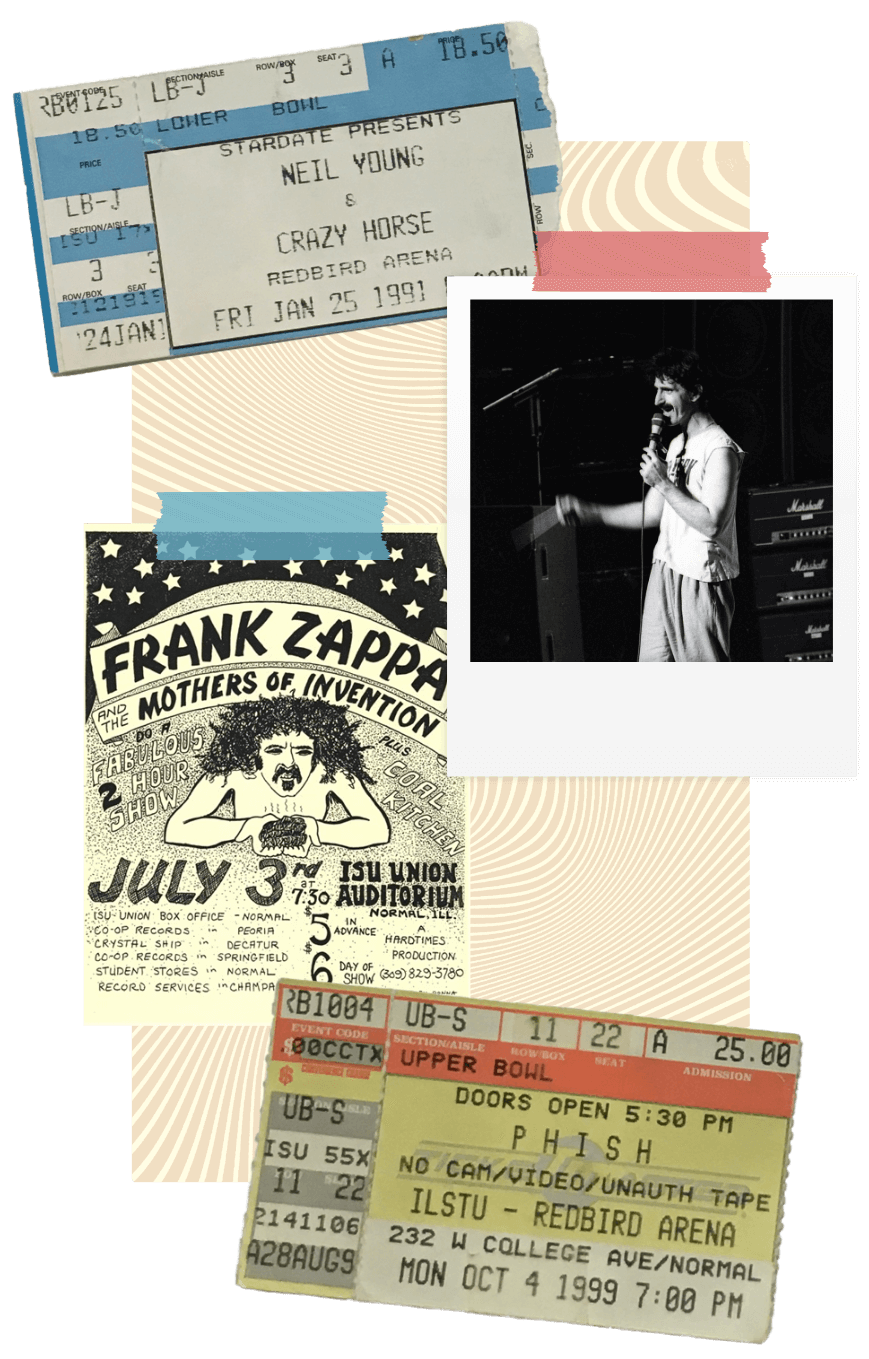 A ticket stub for Neil Young and Crazy Horse; a photo of Frank Zappa; a Frank Zappa concert poster; a ticket stub for Phish.
