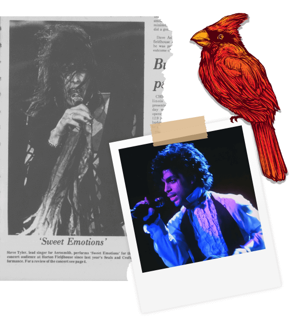 A photo collage of a Redbird, a news clipping of Steven Tyler singing, and a photo of Prince singing.