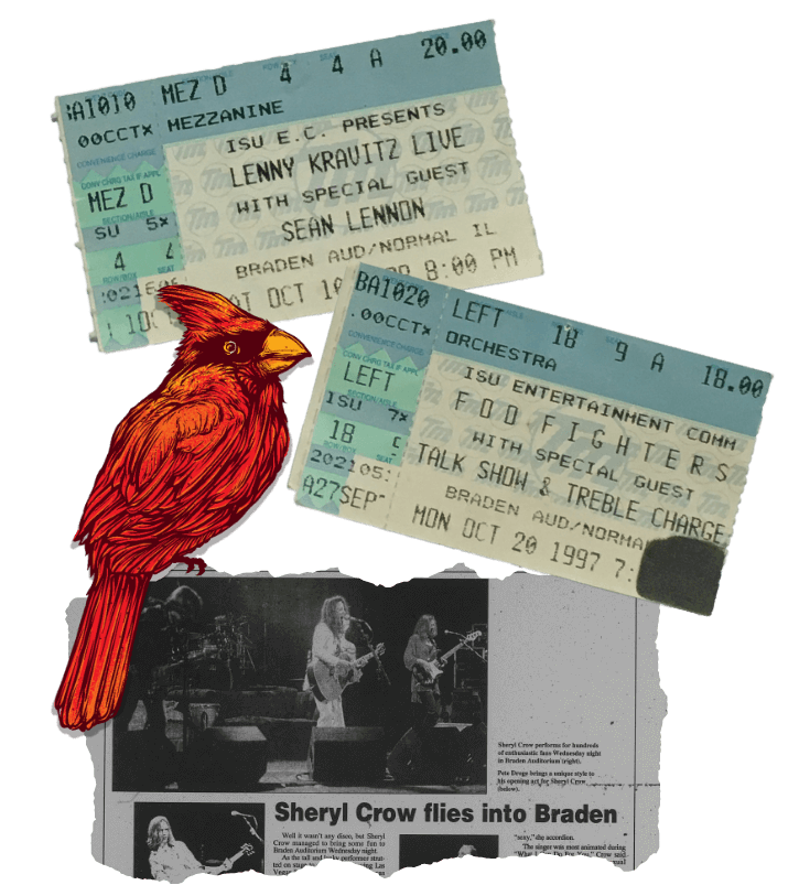 A ticket stub for Lenny Kravitz; a ticket stub for the Foo Fighters; a Redbird; and a newspaper clipping reading 'Sheryl Crow flies into Braden'