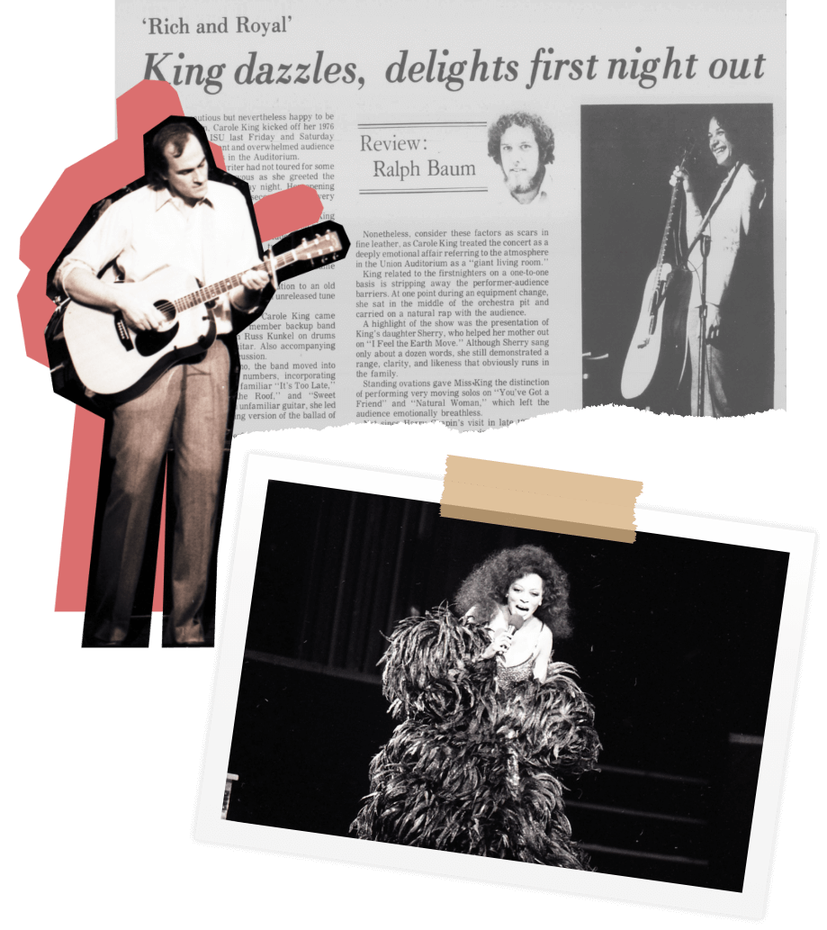 A newspaper clipping reading 'King dazzles, delights first night out'; a cutout of James Taylor, and a photo of Diana Ross.