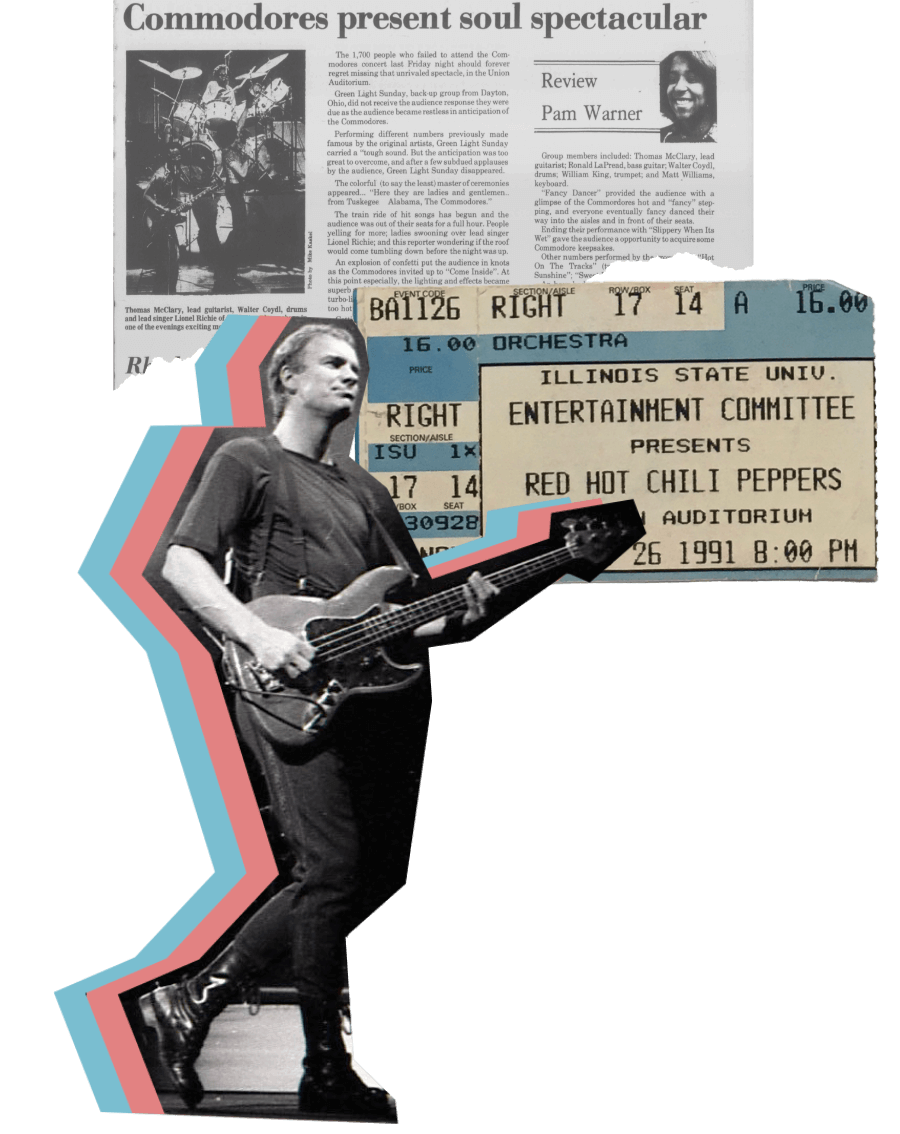 A newspaper clipping reading 'Commodores present soul spectacular'; A ticket stub for the Red Hot Chili Peppers; a cutout of Sting.