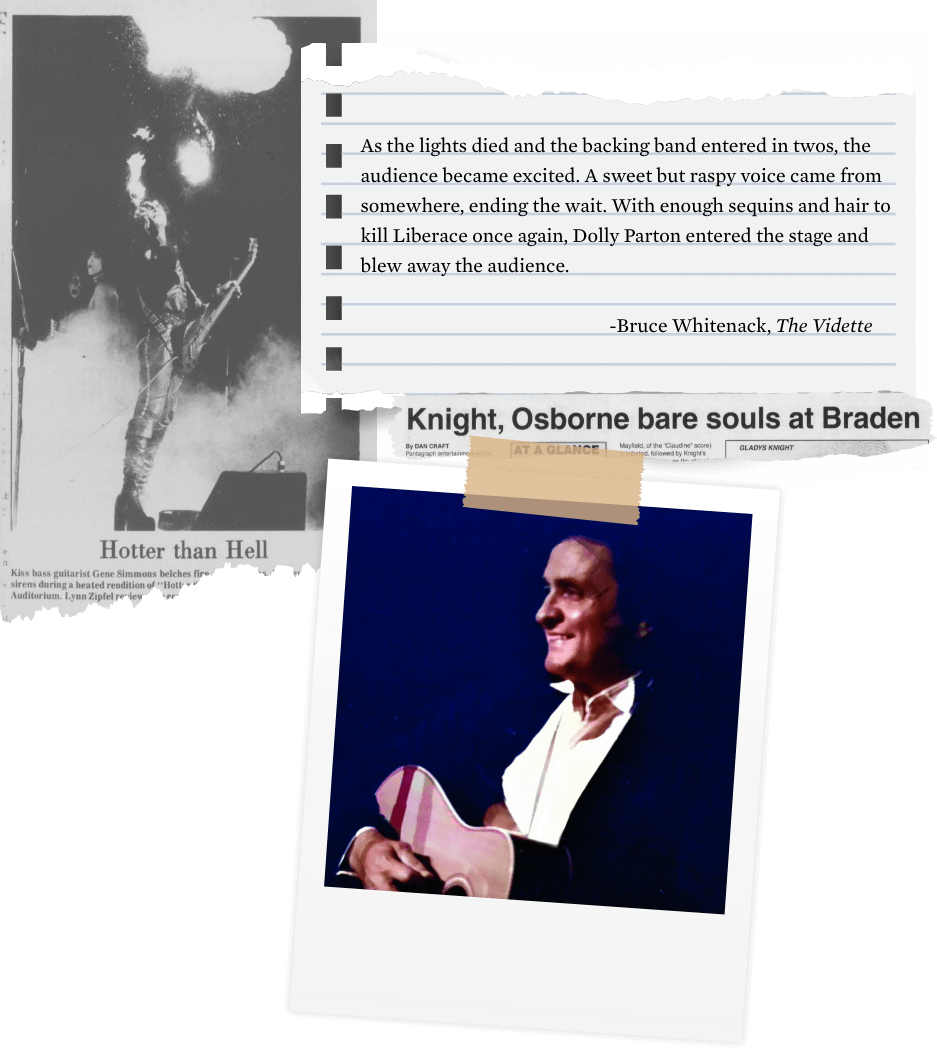 A newspaper clipping of Gene Simmons performing on stage; a review of Dolly Parton's performance; a newspaper clipping reading 'Knight, Osbourne bare souls at Braden'; and a photo of Johnny Cash.