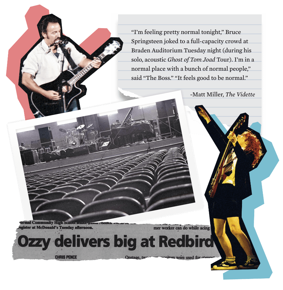 A collage of a cutout of Bruce Springsteen and a review of his concert; a photo of the stage before the Joni Mitchell concert; a newspaper clipping reading 'Ozzy delivers big at Redbird'; and a cutout of Angus Young of AC/DC.