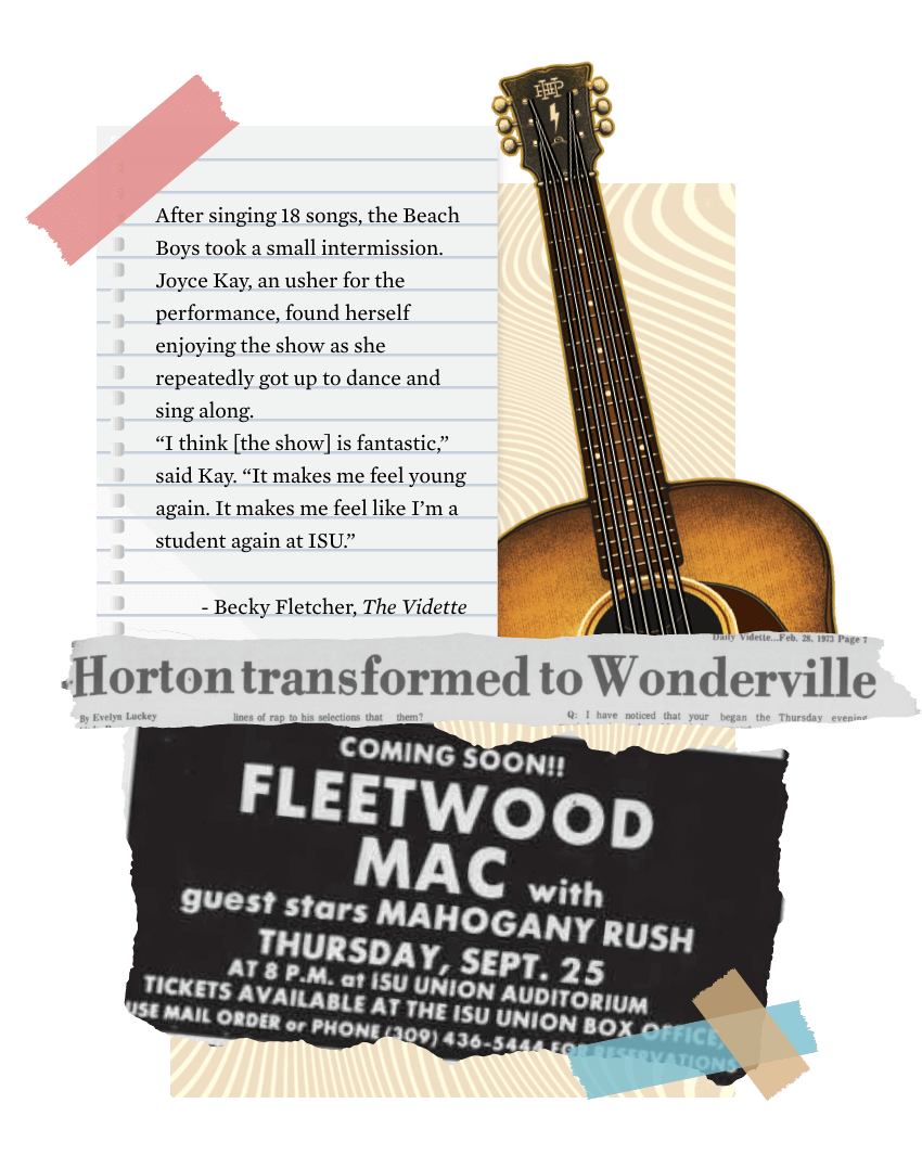 A collage of a guitar, a newspaper clipping reading 'Horton transformed to Wonderville' an advertisement for the Fleetwood Mac show, and a Beach Boys review.