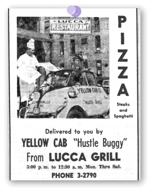 A Lucca Grill pizza ad with a photo of a yellow cab named the 'Hustle Buggy'.