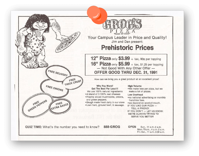 A Grog's Pizza coupon.