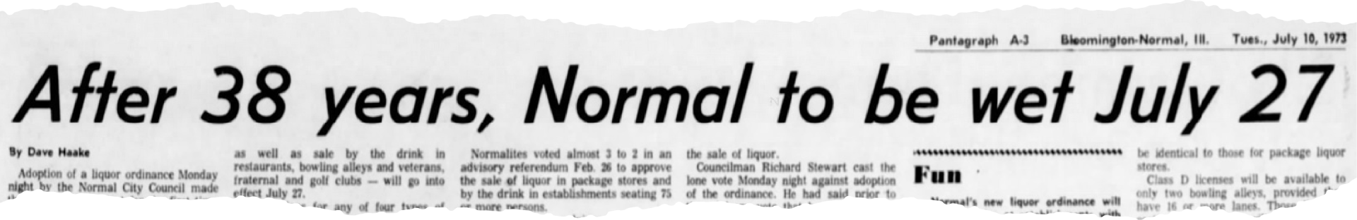 Newspaper clipping of headline that reads 'After 38 years, Normal to be wet July 27'.