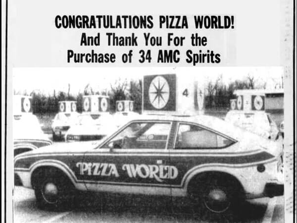 A newspaper ad congratulating and thanking Pizza World for puchasing 34 delivery cars.