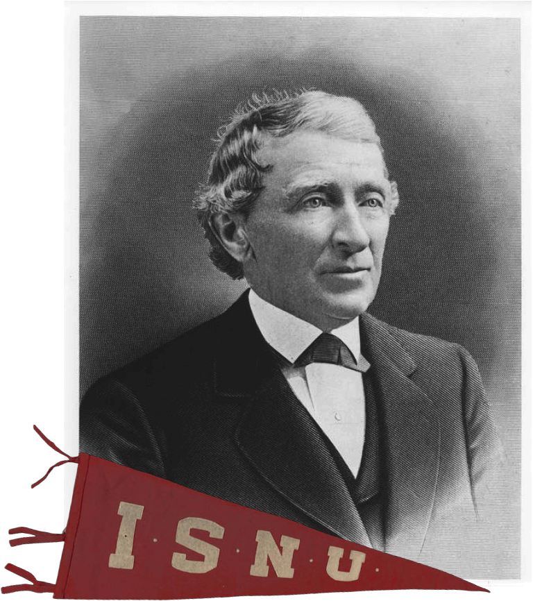 A portrait of Jesse W. Fell with a red pennant labeled 'ISNU' slightly overlapping it.