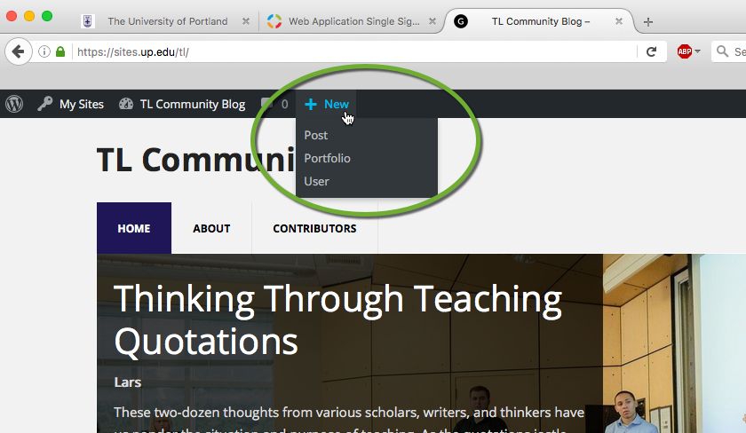 a wordpress page, the mouse is hovering over the +New option 