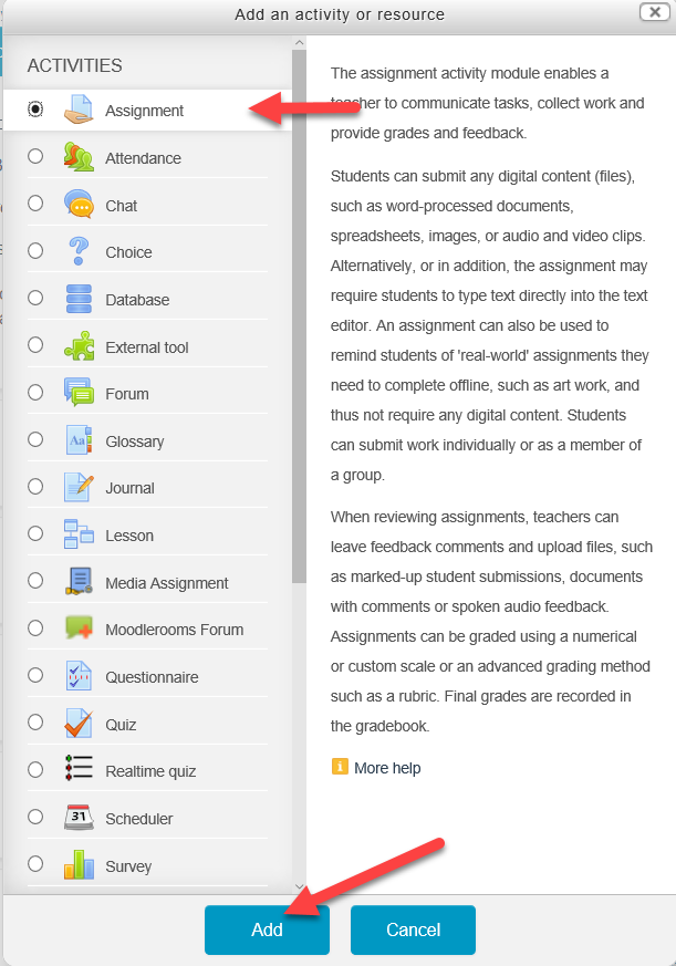 Using the Moodle activity chooser.