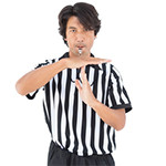 Serious referee showing time out sign over white background