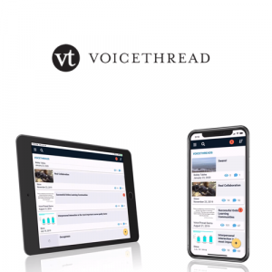 Photo of an iPad and Phone with the Voicethread app lauched