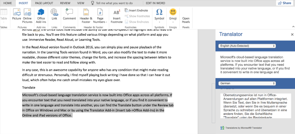 Microsoft Word with the translator pane open, showing a passage translated from English to German.