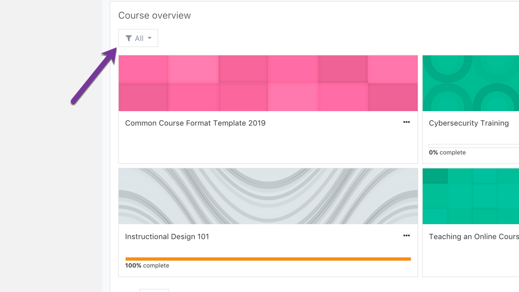 Locating the filters for the course overview block.