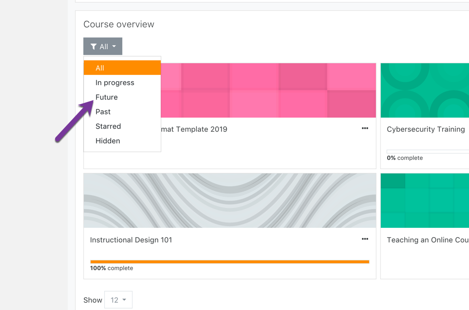 Filtering your course overview to see your upcoming course list.