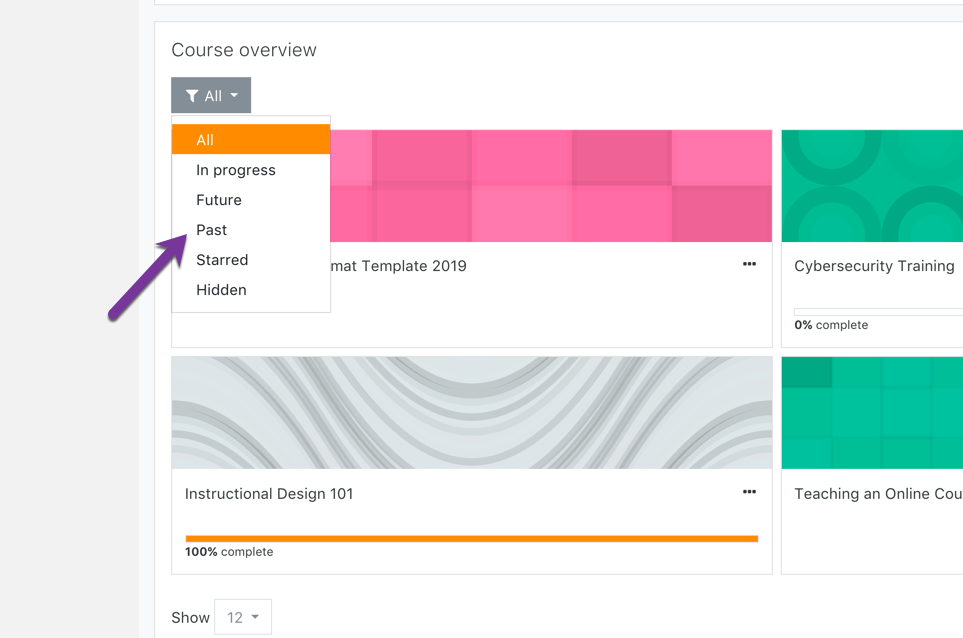 Filtering your course overview to show your past courses.