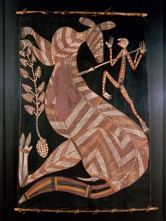 Bark painting depicting a man spearing a kangaroo