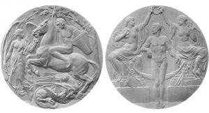 1908 London Olympic Event Medal (front and reverse) for first, second, and third place finishers (Wikipedia, Public Domain Image: published before 1923 and public domain in the U.S.) 
