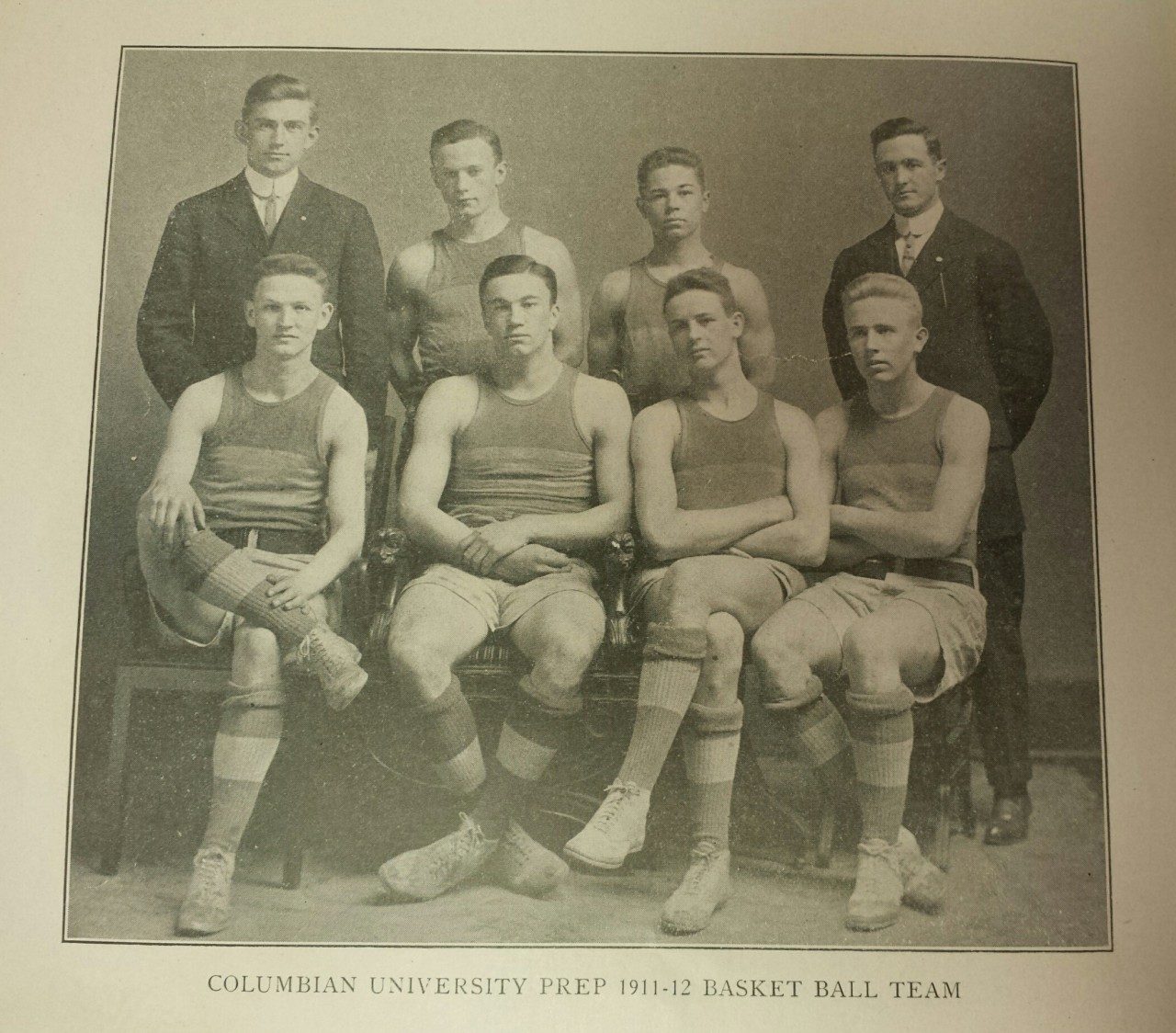 Columbia Preparatory School Basketball Team, 1911-12; Rudolph (Rudy) Scholz, 3rd from left in the back row (Columbiad, April 1912; University Museum photo)