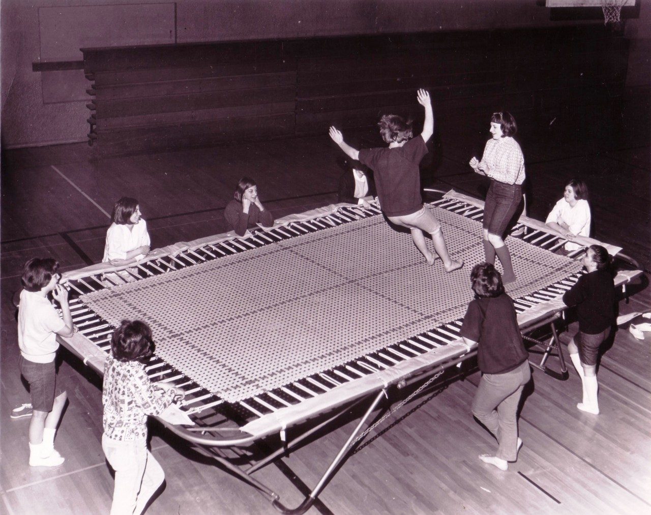Women on trampoline in Howard Hall, 1965 (University Archives photo, click to enlarge)