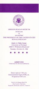 Admission for President Reagan Campaign Rally, October 23, 1984 (University Archives)